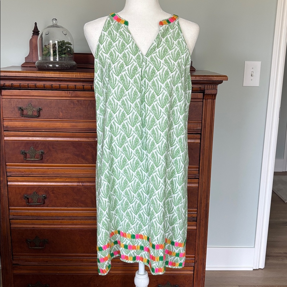 THML Sleeveless Halter Shift Dress Green and White Embroidered SZ M Preppy Boho - Picture 2 of 10